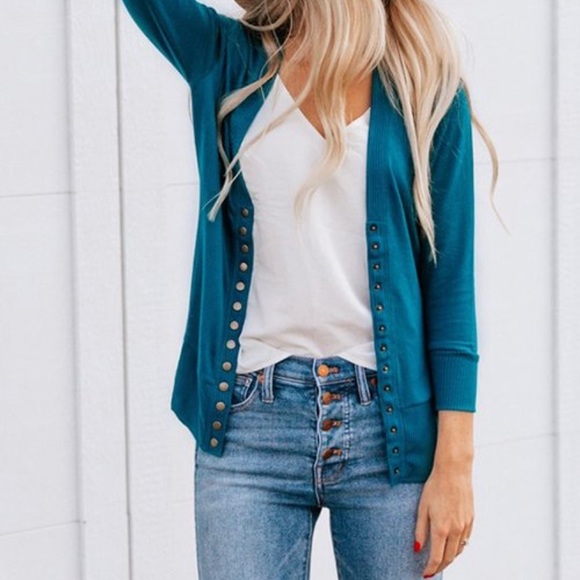 Zenana Outfitters Tops - Teal Three-Quarter Sleeve Snap Cardigan